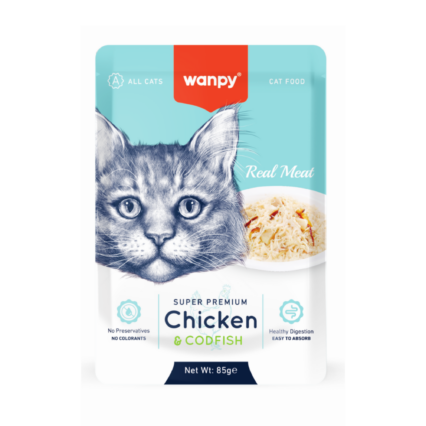 Wanpy Fillet in Jelly Chicken and Cod Fish Wet Cat Food 85g – Natural High Protein Cat Food